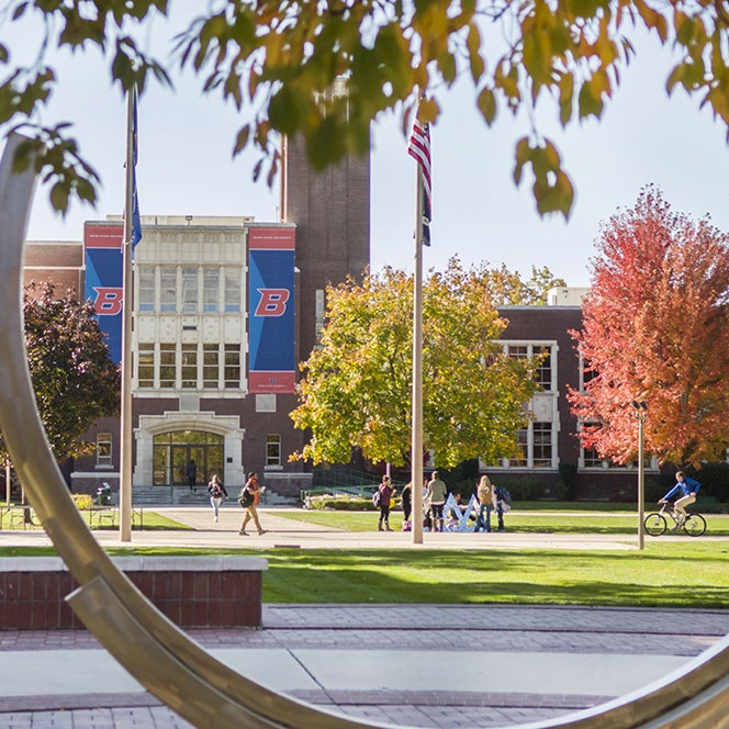 BSU campus lawn with students.